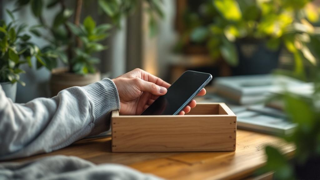 Mujer dejando su celular sobre la mesa para disfrutar un detox digital al aire libre
